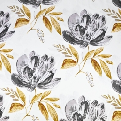 Baumwolle 100% große Blumen grau-gold auf weißem Hintergrund 220cm  