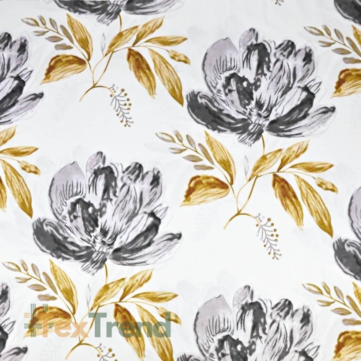 Baumwolle 100% große Blumen grau-gold auf weißem Hintergrund 220cm  