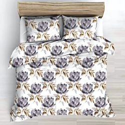 Baumwolle 100% große Blumen grau-gold auf weißem Hintergrund 220cm  