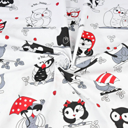 Baumwolle 100% verrückte Eulen rot auf weißem Hintergrund  