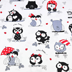 Baumwolle 100% verrückte Eulen rot auf weißem Hintergrund  