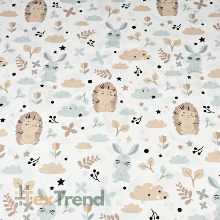 Baumwolle 100% beige Igel mit Kaninchen auf weißem Hintergrund  