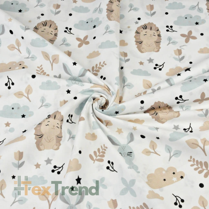 Baumwolle 100% beige Igel mit Kaninchen auf weißem Hintergrund  