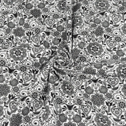 Baumwolle 100% bestickte Blumen mit Vogel schwarz auf weißem Hintergrund  