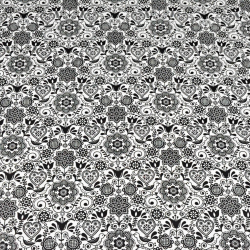 Baumwolle 100% bestickte Blumen mit Vogel schwarz auf weißem Hintergrund  