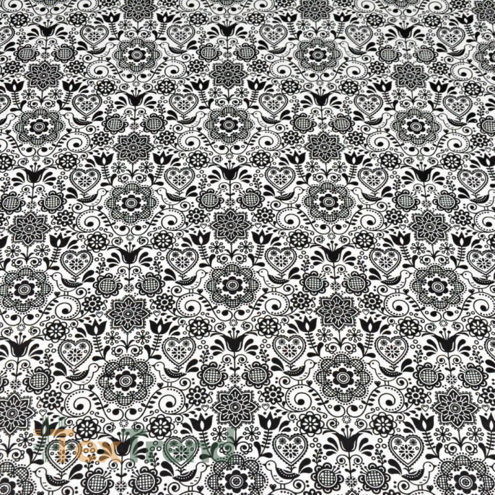 Baumwolle 100% bestickte Blumen mit Vogel schwarz auf weißem Hintergrund  