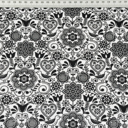 Baumwolle 100% bestickte Blumen mit Vogel schwarz auf weißem Hintergrund  