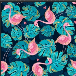 Jersey Druck digital - vergoldete Flamingos in Monstera-Blättern auf dunkelblauem Hintergrund  