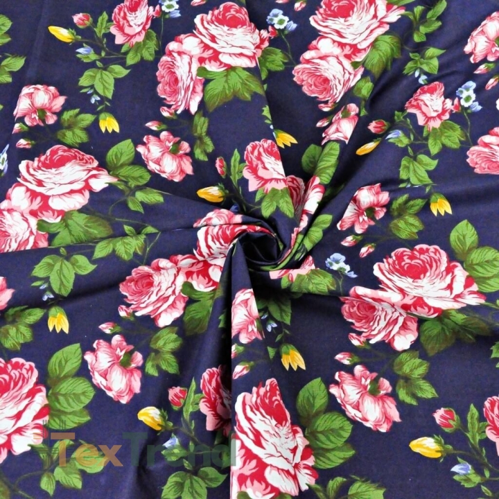 Baumwolle 100% Rosenblüten rosa auf dunkelblauem Hintergrund - 220cm  