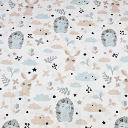 Baumwolle 100% blau-graue Igel mit Kaninchen auf weißem Hintergrund  