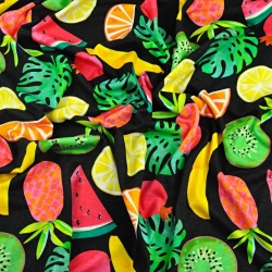 Jersey Druck digital - tropische Früchte auf schwarzem Hintergrund  