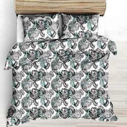 Baumwolle 100% Monstera-Blätter grün-schwarz auf weißem Hintergrund  