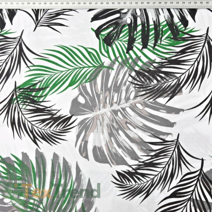 Baumwolle 100% Monstera-Blätter grün-schwarz auf weißem Hintergrund  