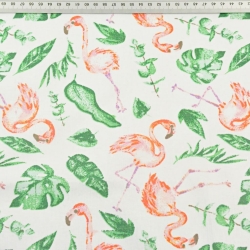 Baumwolle 100% Flamingos in tropischen Blättern auf weißem Hintergrund  