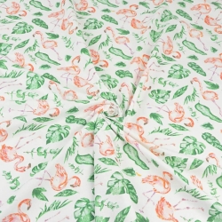 Baumwolle 100% Flamingos in tropischen Blättern auf weißem Hintergrund  
