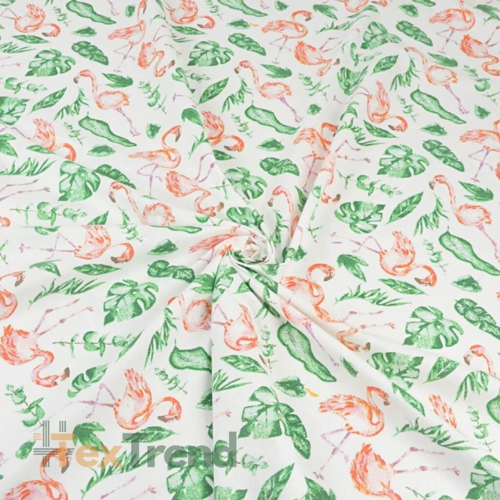 Baumwolle 100% Flamingos in tropischen Blättern auf weißem Hintergrund  