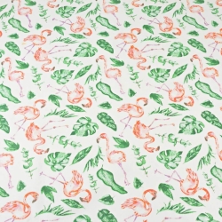 Baumwolle 100% Flamingos in tropischen Blättern auf weißem Hintergrund  