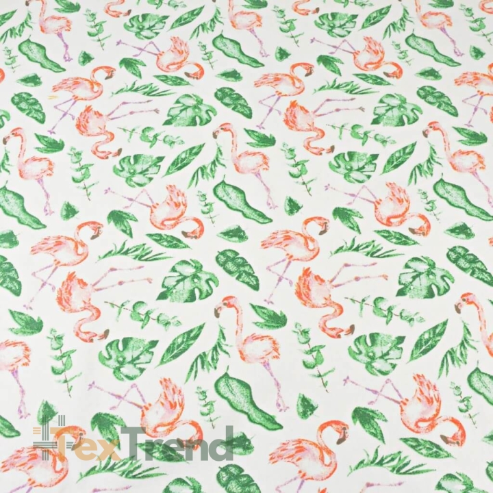 Baumwolle 100% Flamingos in tropischen Blättern auf weißem Hintergrund  