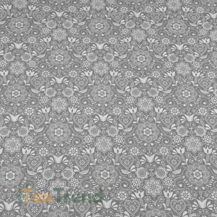 Baumwolle 100% bestickte Blumen mit Vogel weiß auf grauem Hintergrund  