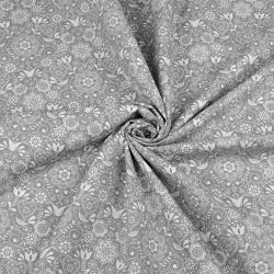 Baumwolle 100% bestickte Blumen mit Vogel weiß auf grauem Hintergrund  