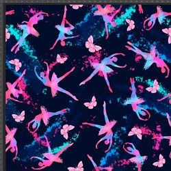 Jersey-Stoff Digitaldruck - bunte Balletttänzerinnen auf dunkelblauem Hintergrund  