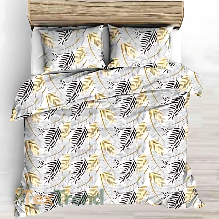 Baumwolle 100% Bananenblatt grau mit gold-schwarzen auf weißem Hintergrund - 220cm  