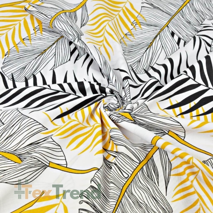 Baumwolle 100% Bananenblatt grau mit gold-schwarzen auf weißem Hintergrund - 220cm  