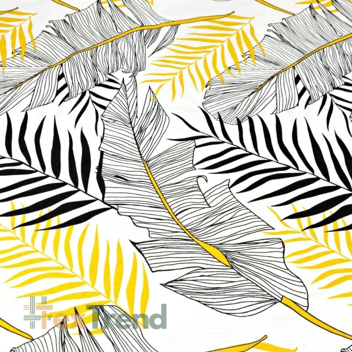 Baumwolle 100% Bananenblatt grau mit gold-schwarzen auf weißem Hintergrund - 220cm  