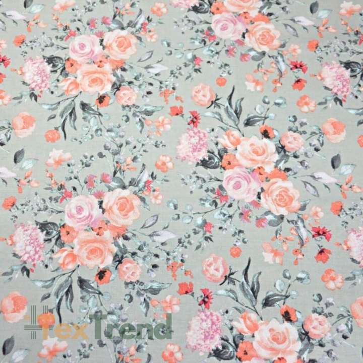 Baumwolle 100% Blumen Sträuße in lachsfarben auf grauem Hintergrund 220cm  
