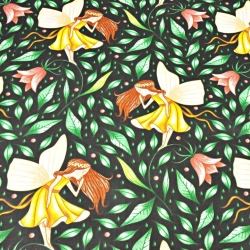 Baumwolle 100% Feen Calineczki auf schwarzem Hintergrund  