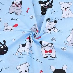 Baumwolle 100% verrückte Hunde auf hellblauem Hintergrund  