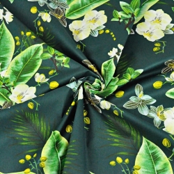 Baumwolle 100% Orchideenblumen auf dunkelgrünem Hintergrund  