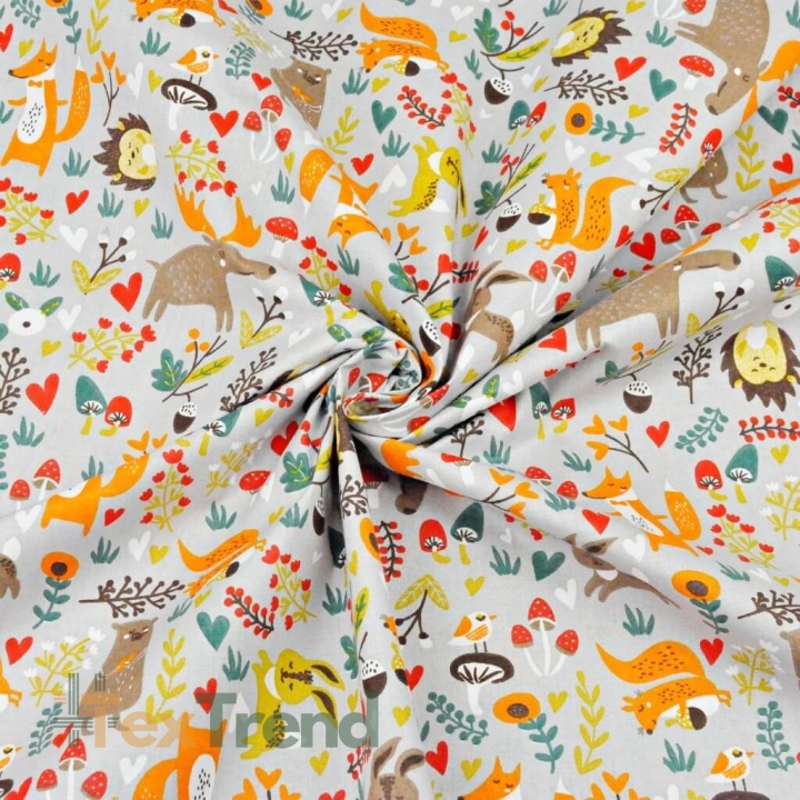 Baumwolle 100% Elche beige-orange mit Tieren auf der Wiese auf grauem Hintergrund  