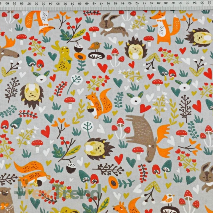 Baumwolle 100% Elche beige-orange mit Tieren auf der Wiese auf grauem Hintergrund  