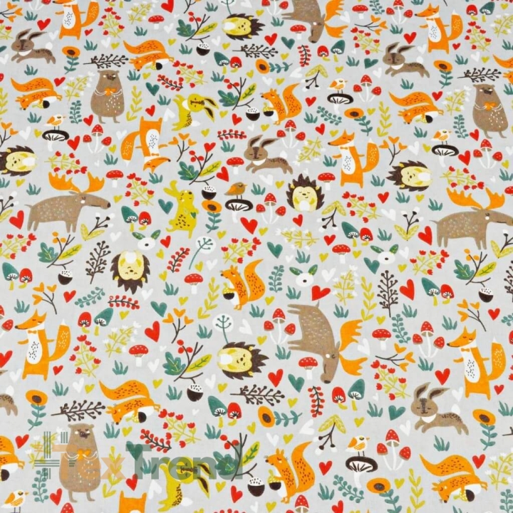 Baumwolle 100% Elche beige-orange mit Tieren auf der Wiese auf grauem Hintergrund  
