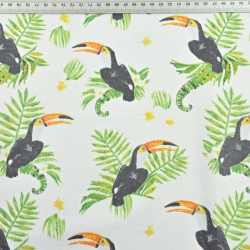 Baumwolle 100% Tukane auf Farnblättern auf weißem Hintergrund  