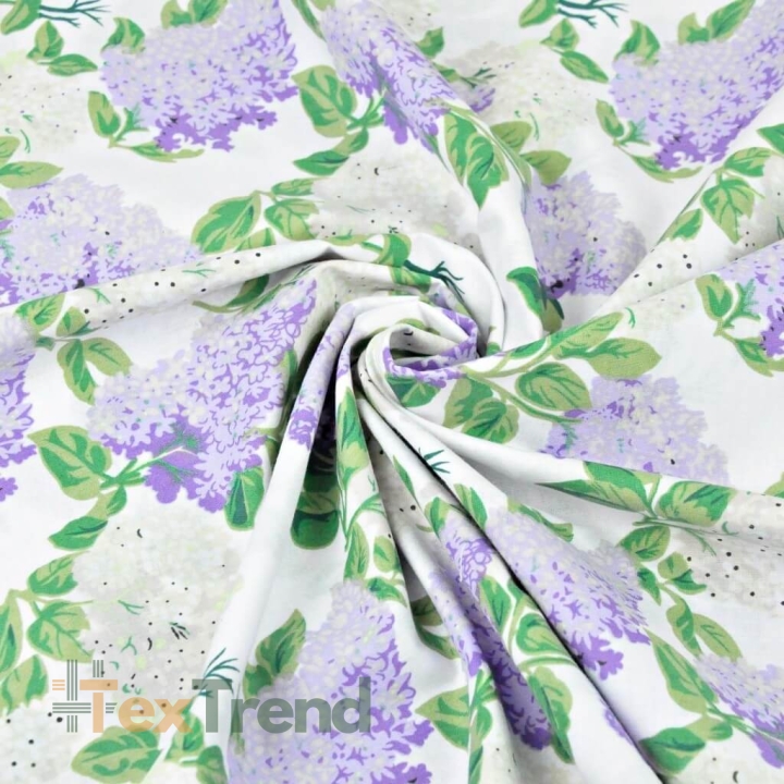 Baumwolle 100% Fliederblüten weiß-lila auf weißem Hintergrund - 220cm  