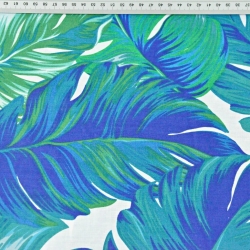 Baumwolle 100% tropische Blätter blau-grün auf weißem Hintergrund  