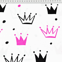 Baumwolle 100% Kronen mit Punkten rosa-schwarz auf weißem Hintergrund  