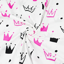 Baumwolle 100% Kronen mit Punkten rosa-schwarz auf weißem Hintergrund  
