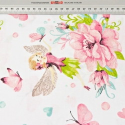 Baumwolle 100% Feen Calineczki mit Blumen und Schmetterlingen auf weißem Hintergrund  