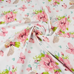 Baumwolle 100% Feen Calineczki mit Blumen und Schmetterlingen auf weißem Hintergrund  