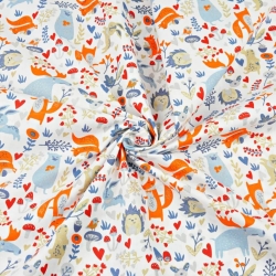 Baumwolle 100% Elche blau-orange mit Tieren auf der Wiese auf weißem Hintergrund  