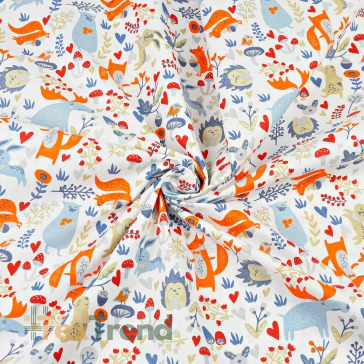 Baumwolle 100% Elche blau-orange mit Tieren auf der Wiese auf weißem Hintergrund  