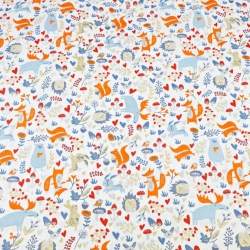 Baumwolle 100% Elche blau-orange mit Tieren auf der Wiese auf weißem Hintergrund  