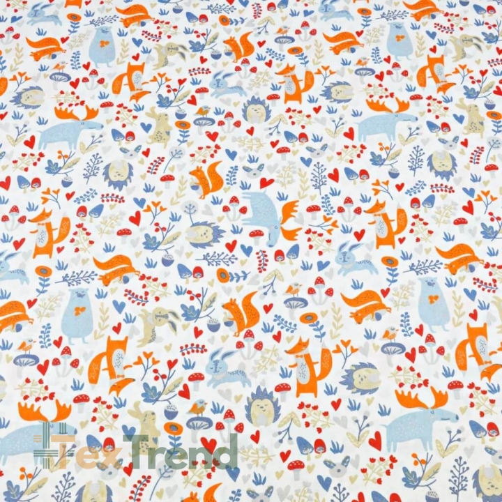 Baumwolle 100% Elche blau-orange mit Tieren auf der Wiese auf weißem Hintergrund  