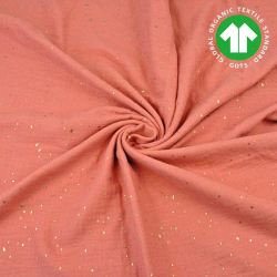 Baumwolle Musselin double gauze pastell dunkelkoralle (Terra Cotta) mit goldenen Punkten  