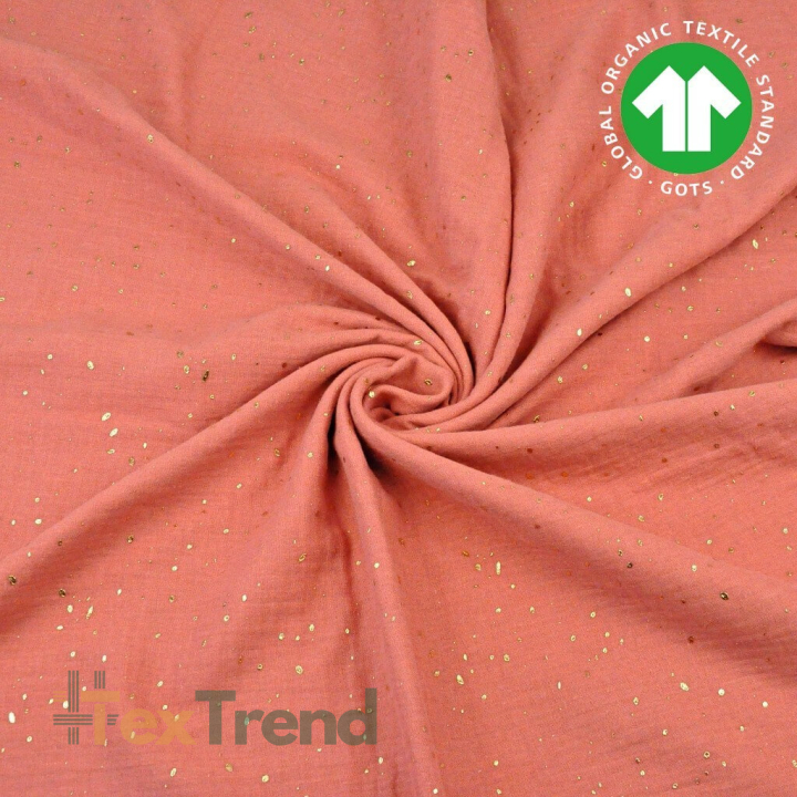 Baumwolle Musselin double gauze pastell dunkelkoralle (Terra Cotta) mit goldenen Punkten  