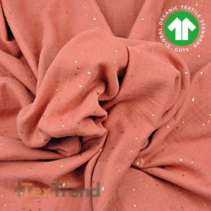 Baumwolle Musselin double gauze pastell dunkelkoralle (Terra Cotta) mit goldenen Punkten  