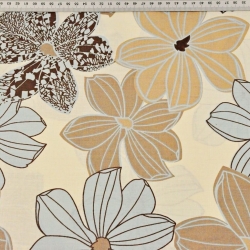 Baumwolle 100% große Blumen beige-blau auf vanillefarbenem Hintergrund  